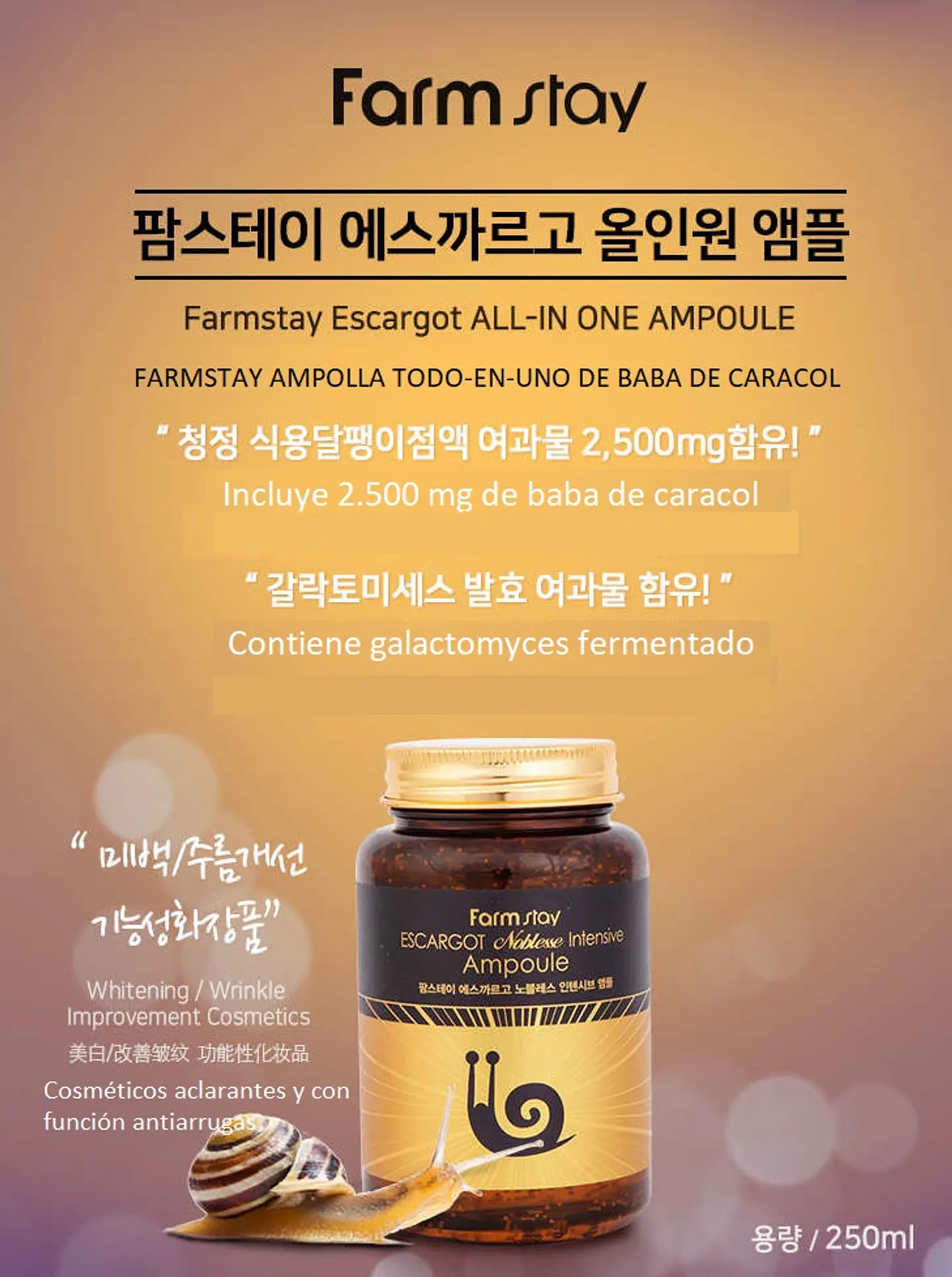 Escargot Noblese Intensive Ampoule (Farm Stay) - 250ml Serum baba caracol regenerador y cicatrizante 3
