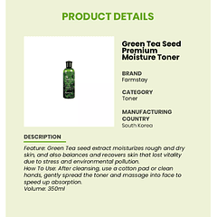 76 Green Tea Seed Premuim Moisture Toner (Farm Stay) - 300 ml Tónico de té verde, con centella asiática, manzanilla y aloe vera  