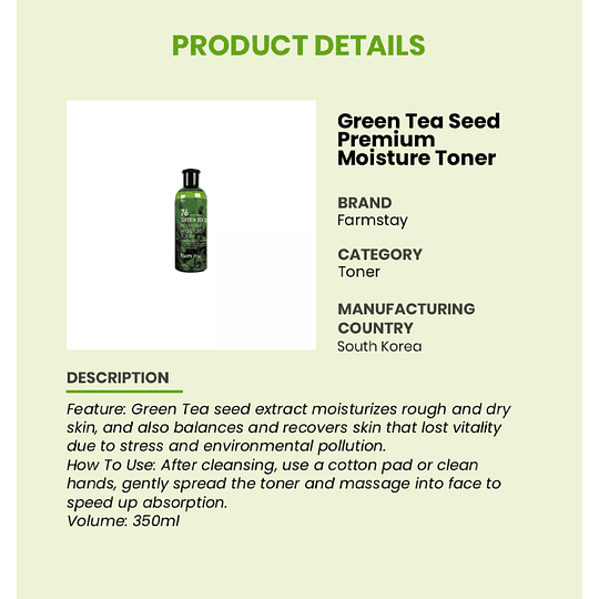 Green Tea Seed Premium Moisture Toner (Farm Stay) - 350 ml Tónico de té verde, con centella asiática, manzanilla y aloe vera  