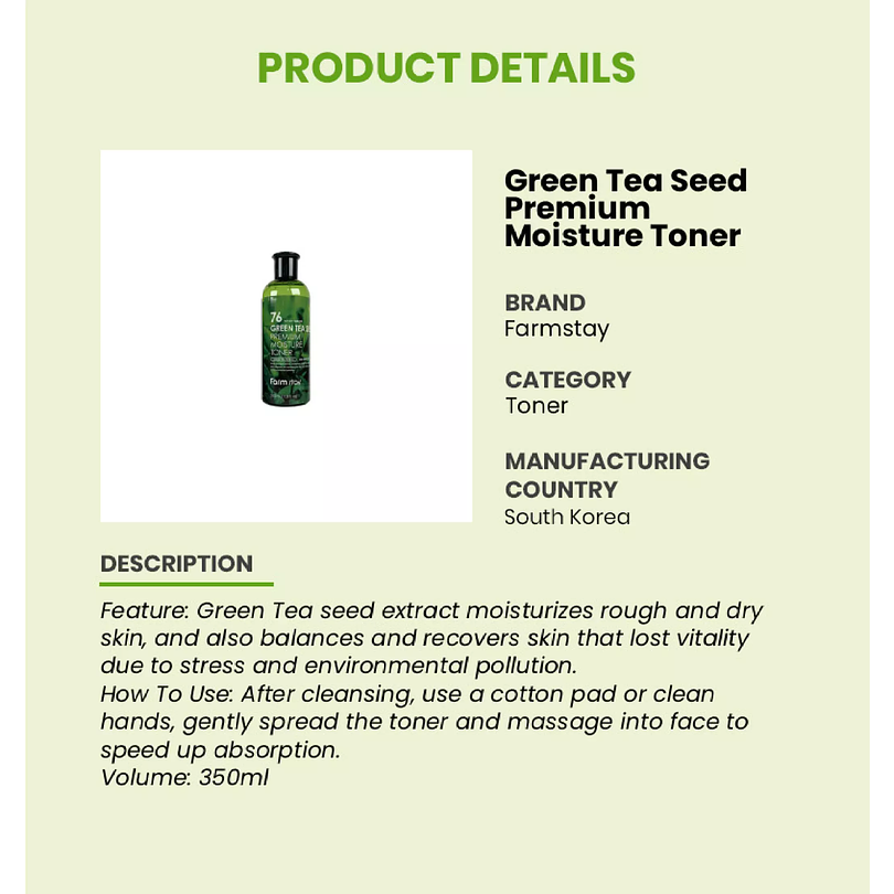 76 Green Tea Seed Premuim Moisture Toner (Farm Stay) - 300 ml Tónico de té verde, con centella asiática, manzanilla y aloe vera   2