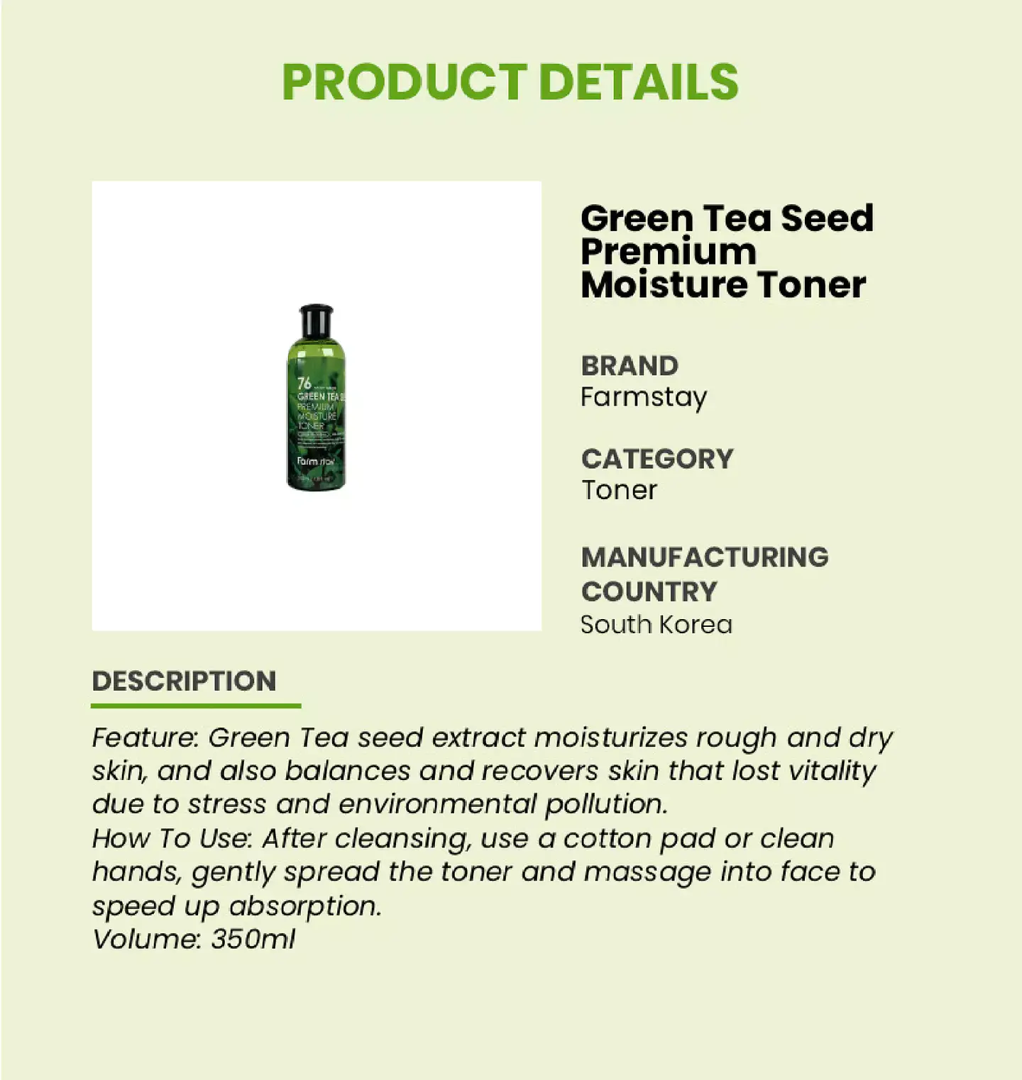 76 Green Tea Seed Premuim Moisture Toner (Farm Stay) - 300 ml Tónico de té verde, con centella asiática, manzanilla y aloe vera   4