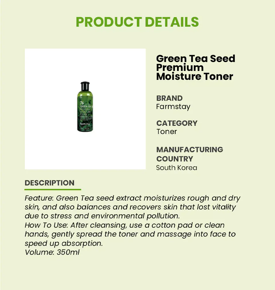 76 Green Tea Seed Premuim Moisture Toner (Farm Stay) - 300 ml Tónico de té verde, con centella asiática, manzanilla y aloe vera   4