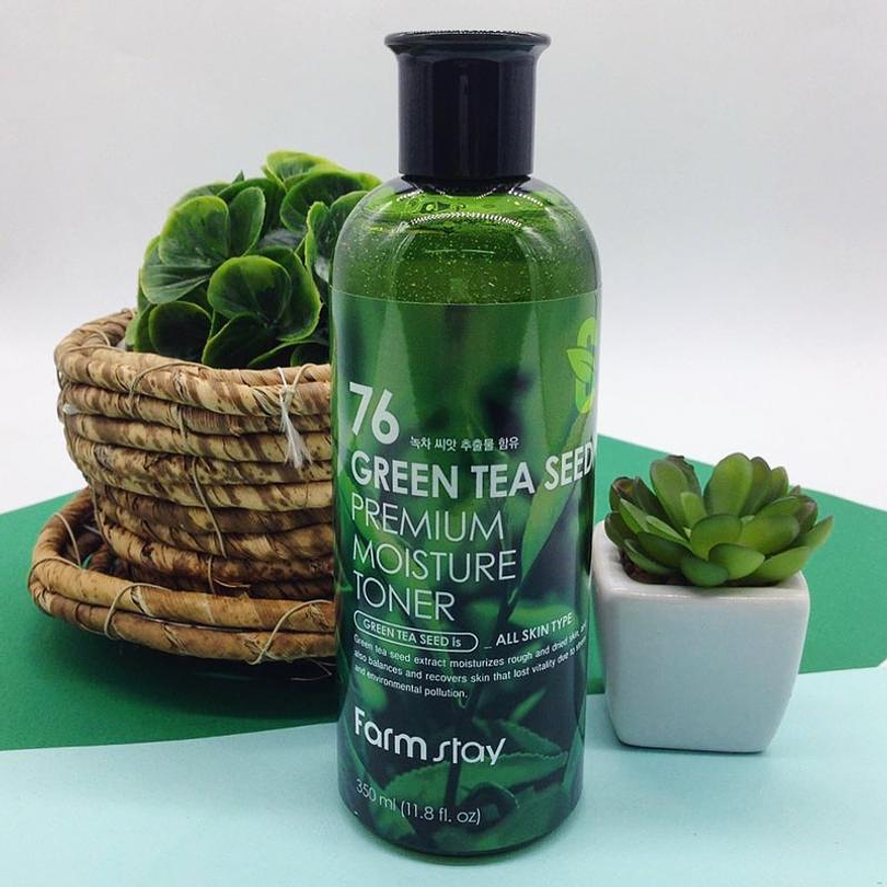 Green Tea Seed Moisture Toner (Farm Stay) - 300 ml Tónico de té verde, con centella asiática, manzanilla y aloe vera   9