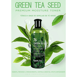 Green Tea Seed Premium Moisture Toner (Farm Stay) - 350 ml Tónico de té verde, con centella asiática, manzanilla y aloe vera  