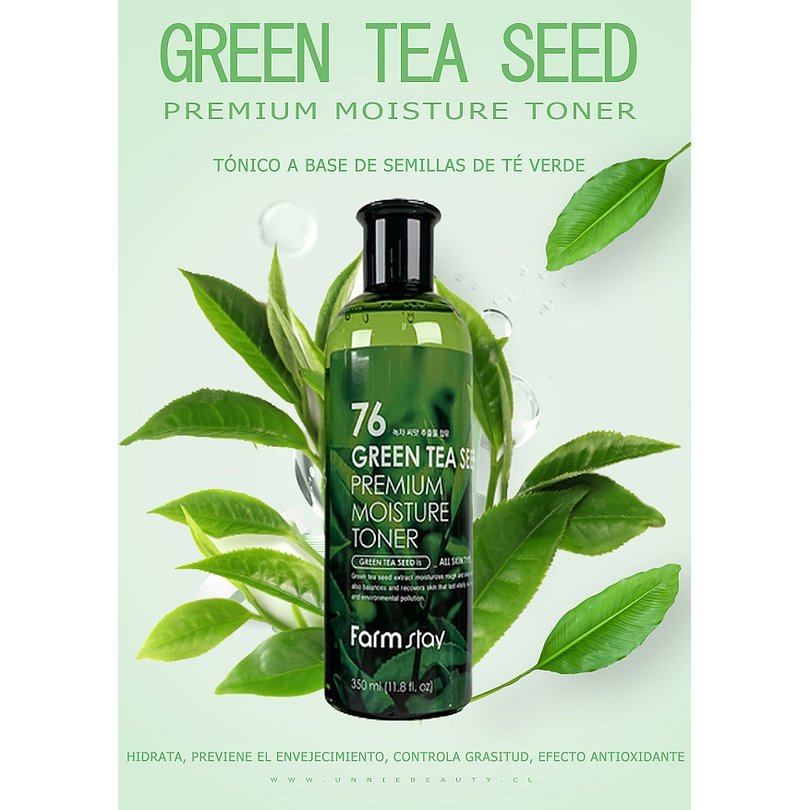 76 Green Tea Seed Premuim Moisture Toner (Farm Stay) - 300 ml Tónico de té verde, con centella asiática, manzanilla y aloe vera   1