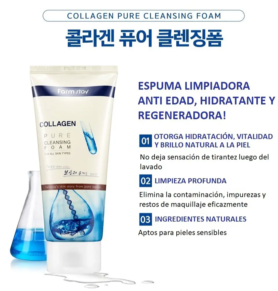 Collagen Pure Cleansing Foam (Farm Stay) - 180ml Espuma limpiadora antienvejecimiento 4