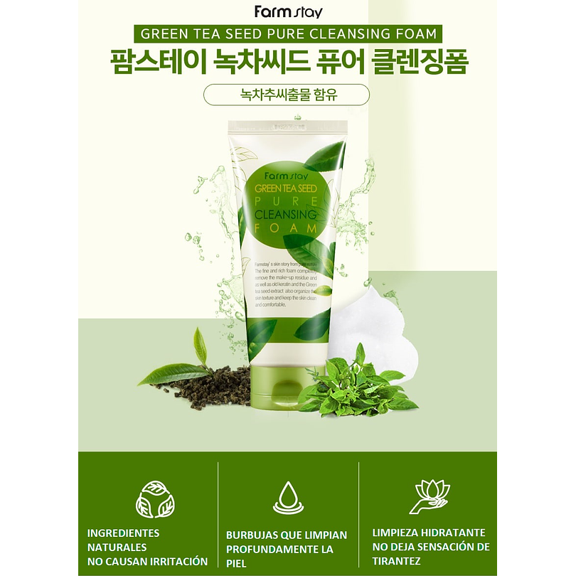 Green Tea Seed Pure Cleansing Foam (Farm Stay) -180ml Espuma limpiadora pieles mixtas y grasas, 1