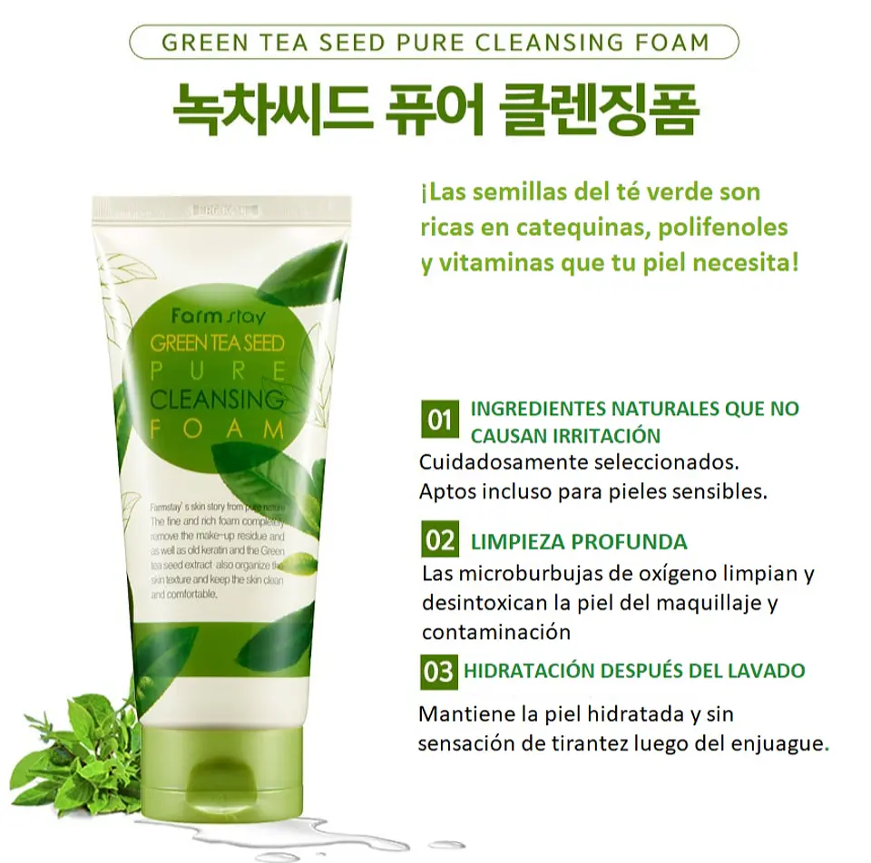 Green Tea Seed Pure Cleansing Foam (Farm Stay) -180ml Espuma limpiadora pieles mixtas y grasas, 4