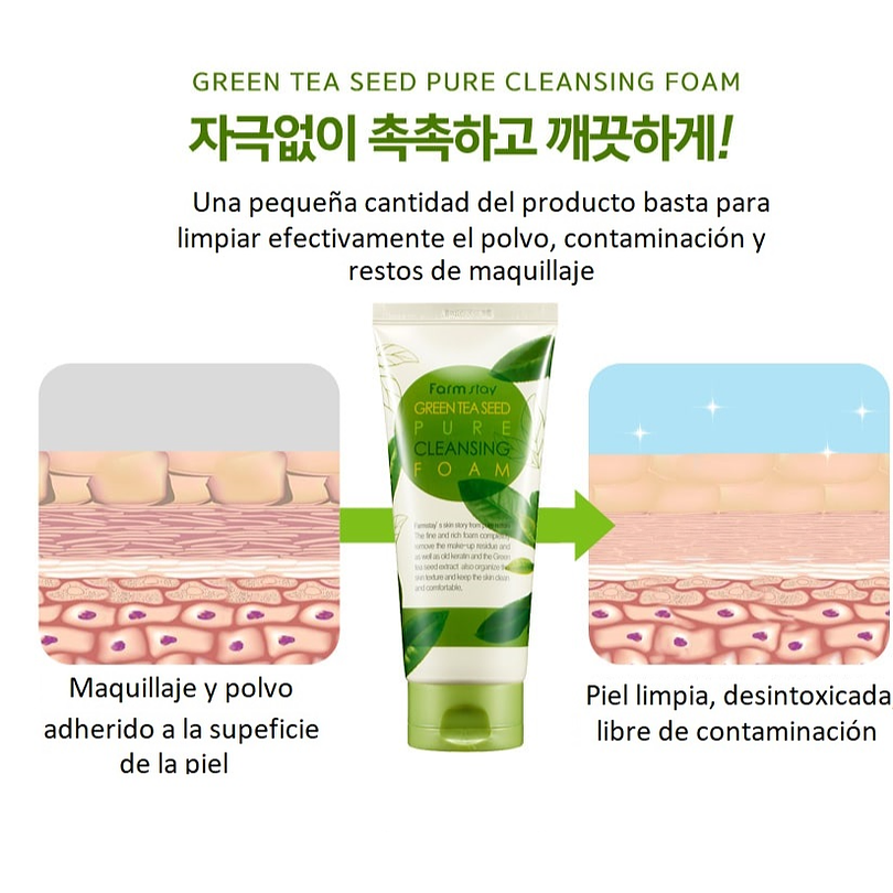 Green Tea Seed Pure Cleansing Foam (Farm Stay) -180ml Espuma limpiadora pieles mixtas y grasas, 4