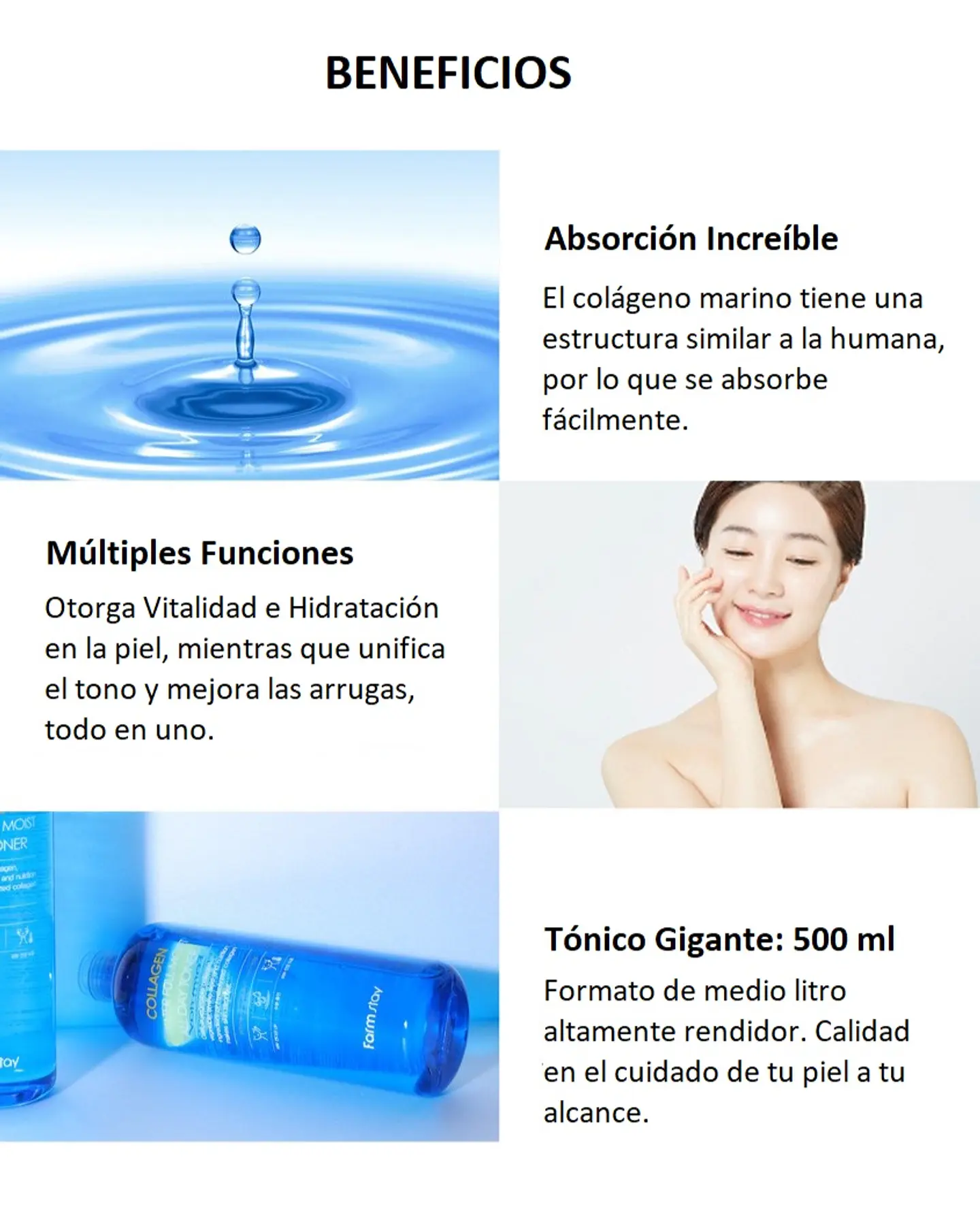 Collagen Water Full Moist All Day Toner (Farm Stay) -200ml Tónico de Colágeno, ácido hialurónico y niacinamida 4