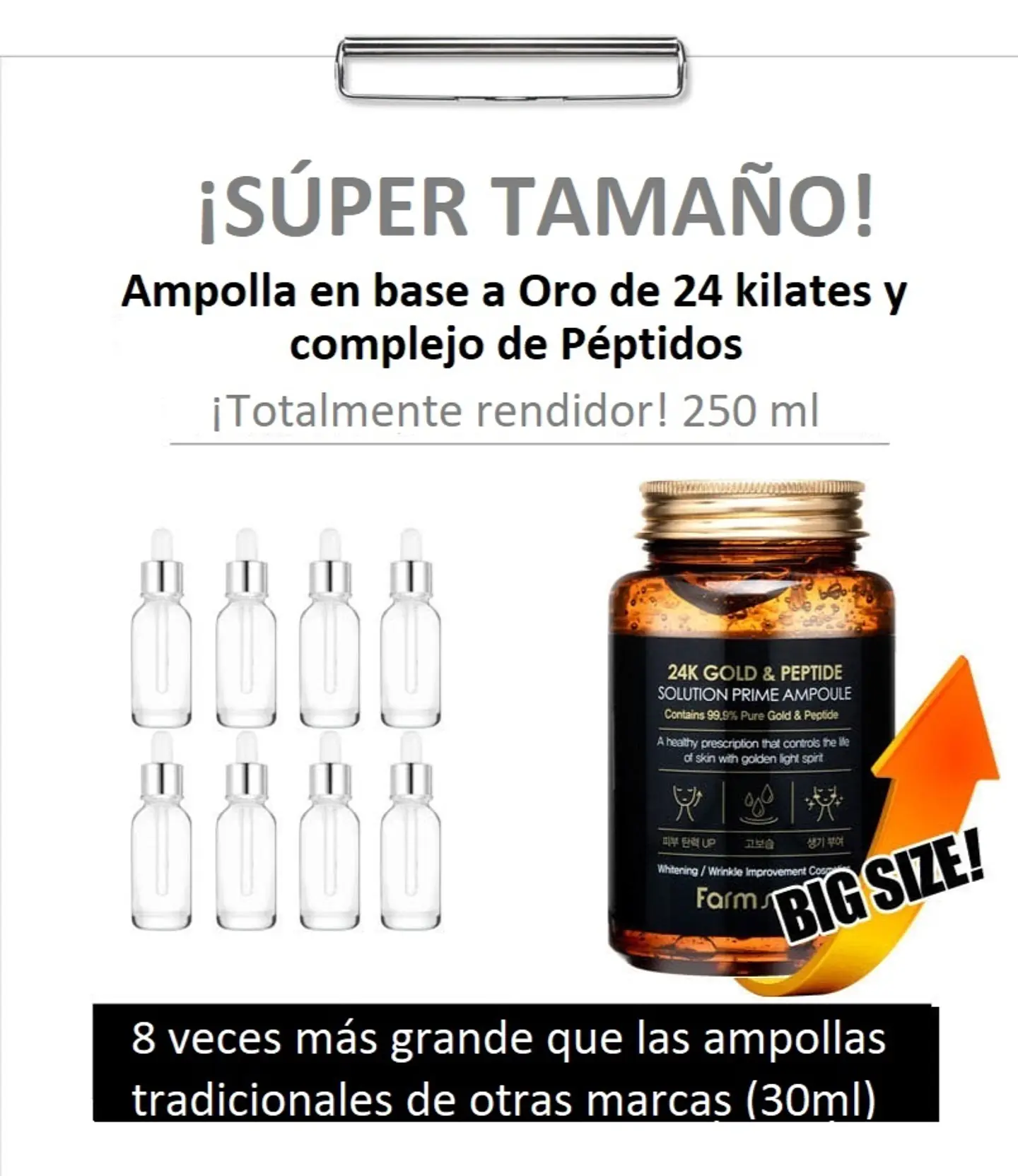 24k Gold & Peptide Solution Prime Ampoule (Farm Stay) - 250ml Serum antiedad con oro y péptidos tamaño grande 3