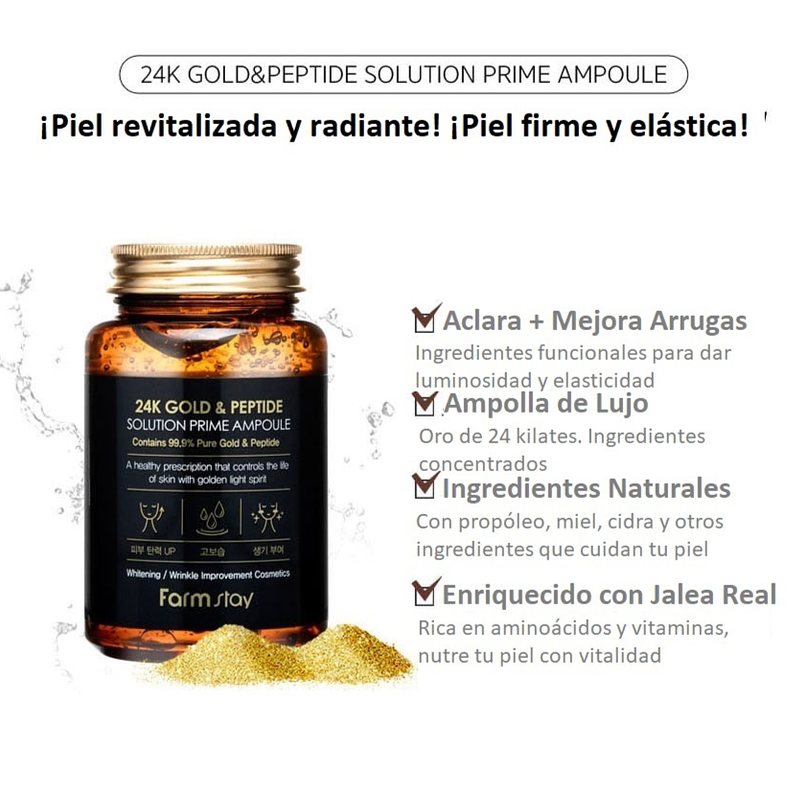 24k Gold & Peptide Solution Prime Ampoule (Farm Stay) - 250ml Serum antiedad con oro y péptidos tamaño grande 4