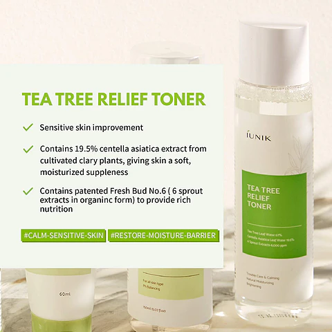Tea Tree Relief Toner (iUNIK) - 200ml Tónico 67% árbol de té y centella para pieles grasas
