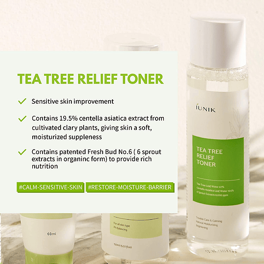 Tea Tree Relieef Toner (iUNIK) - 200ml Tónico 67% árbol de té y centella para pieles grasas y con acné