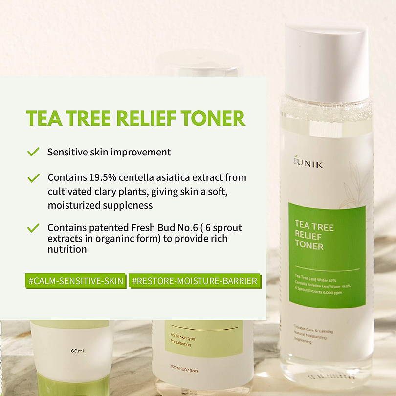 Tea Tree Relieef Toner (iUNIK) - 200ml Tónico 67% árbol de té y centella para pieles grasas y con acné 1