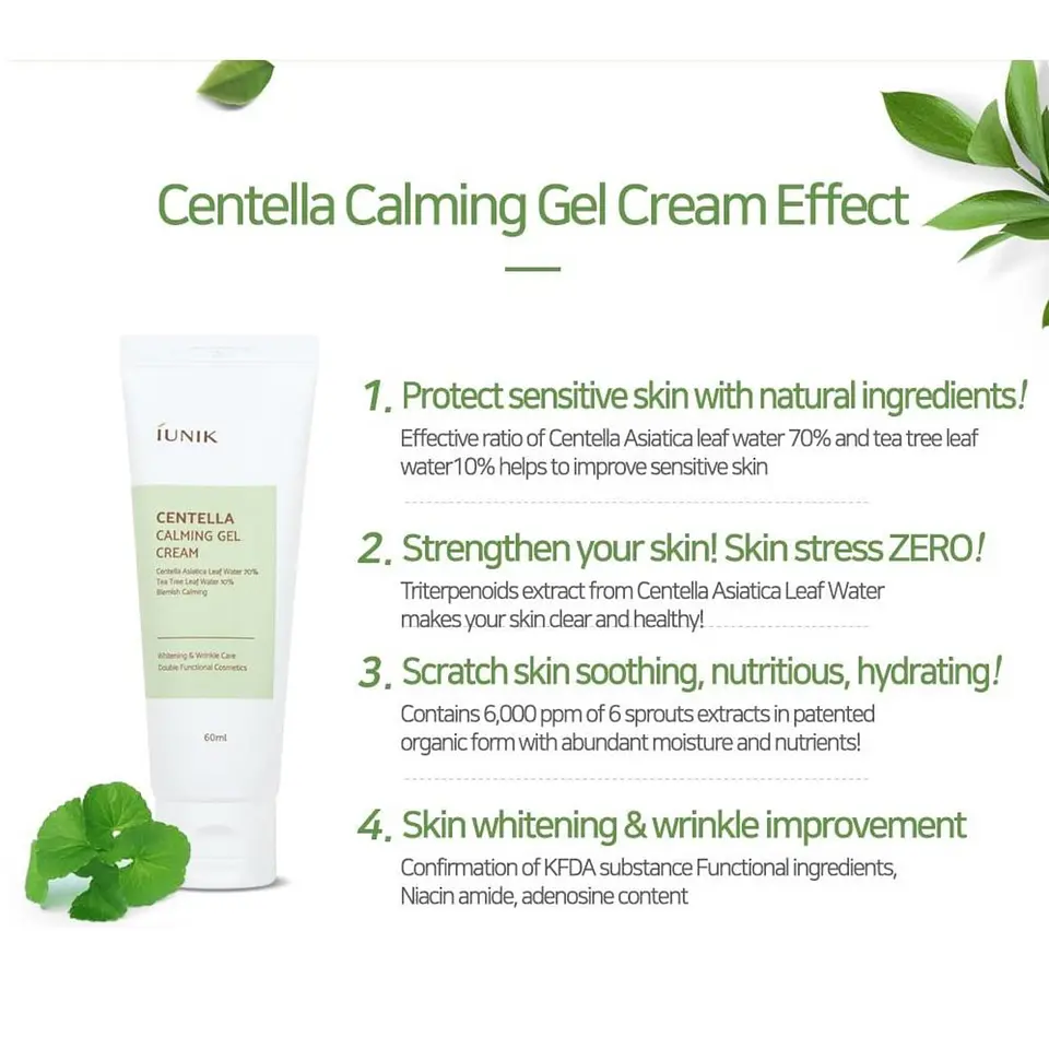 Centella Calming Gel Cream (IUNIK) 60ml Crema calmante  pieles problemáticas 72% centella asiática anti acné y rosácea  12