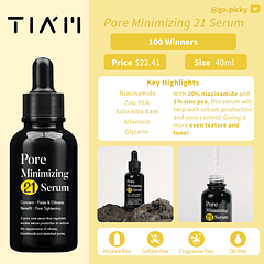 Pore Minimizing 21 (TIAM) - 40ml Serum 20% niacinamida y 1% zinc