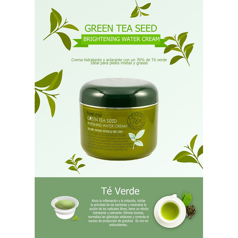 Green Tea Seed Brightening Water Cream (Farm Stay) -100ml Crema aclarante 76% té verde  1