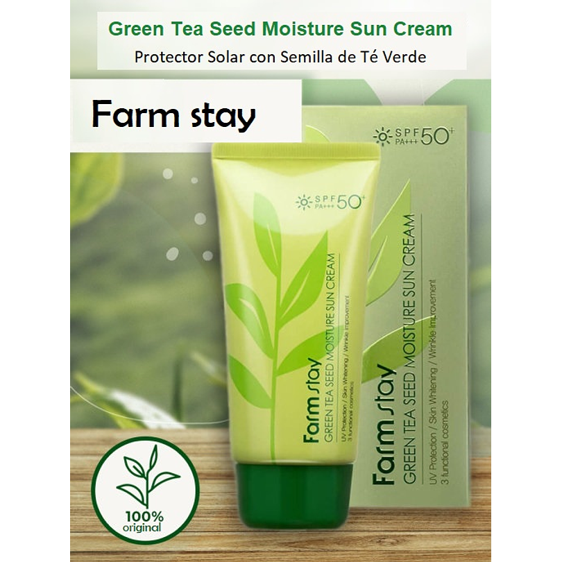 Green Tea Seed Moisture Sun Cream SPF50 + PA +++ (Farm Stay) - 70ml Protector solar ligero anti grasitud toque seco 1
