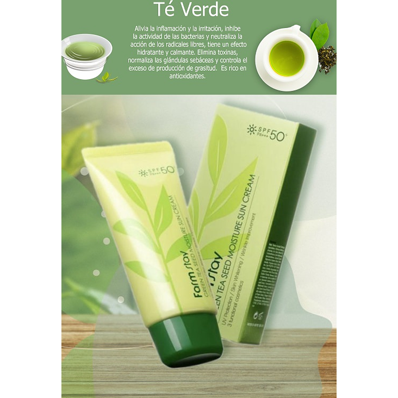 Green Tea Seed Moisture Sun Cream SPF50 + PA +++ (Farm Stay) - 70ml Protector solar ligero anti grasitud toque seco 2