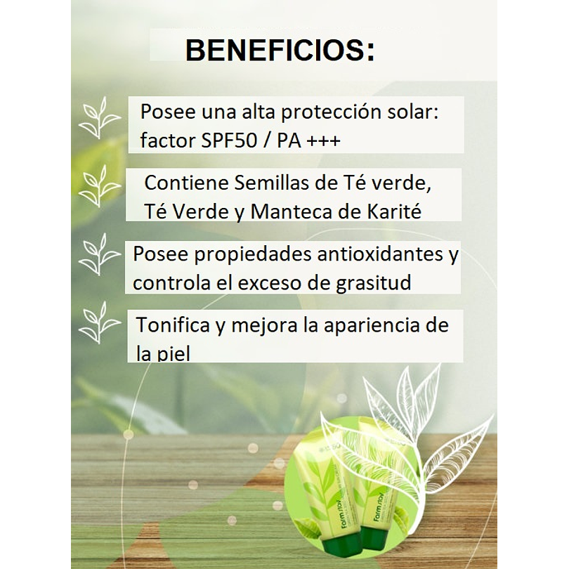 Green Tea Seed Moisture Sun Cream SPF50 + PA +++ (Farm Stay) - 70ml Protector solar ligero anti grasitud toque seco 3