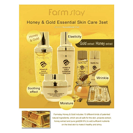 Honey & Gold Essential Set Anti edad (Farm Stay) - Tónico 130ml + Emulsión 130ml + Crema 50ml + Miniaturas