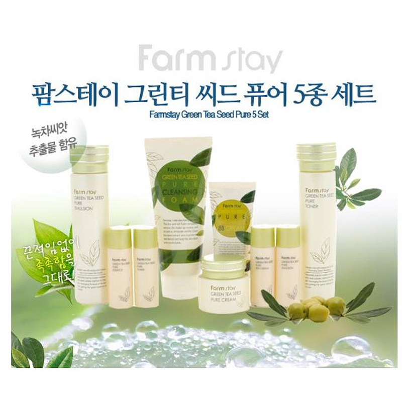 Set Té Verde Farm Stay Green Tea Seed Pure Skin Care Set de 7 pasos  (Espuma limpiadora + Tónico + Emulsión + Crema + Crema limpiadora + Miniaturas) 1