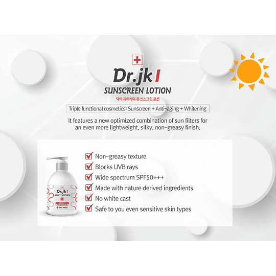Dr. Jk1 Sunscreen Lotion SPF50+/+++ (Pax Moly)  200ml Protector solar para rostro y cuerpo