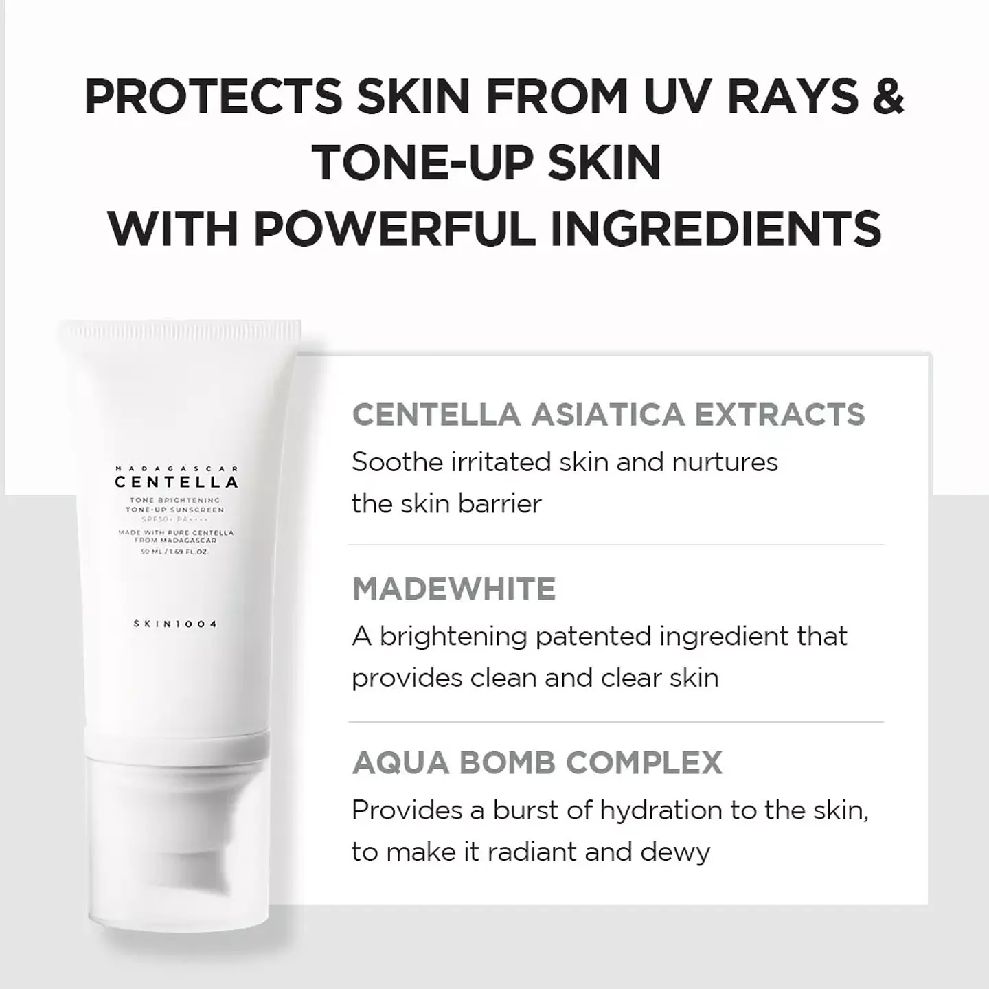 Madagascar Centella Tone Brightening Tone-up Sunscreen SPF50+ PA++++ (Skin1004) - Protector solar aclarante  6