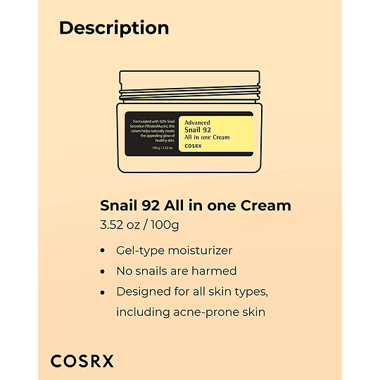 Advanced Snail 92 All in one Cream (COSRX) 100ml Crema 92% baba de caracol