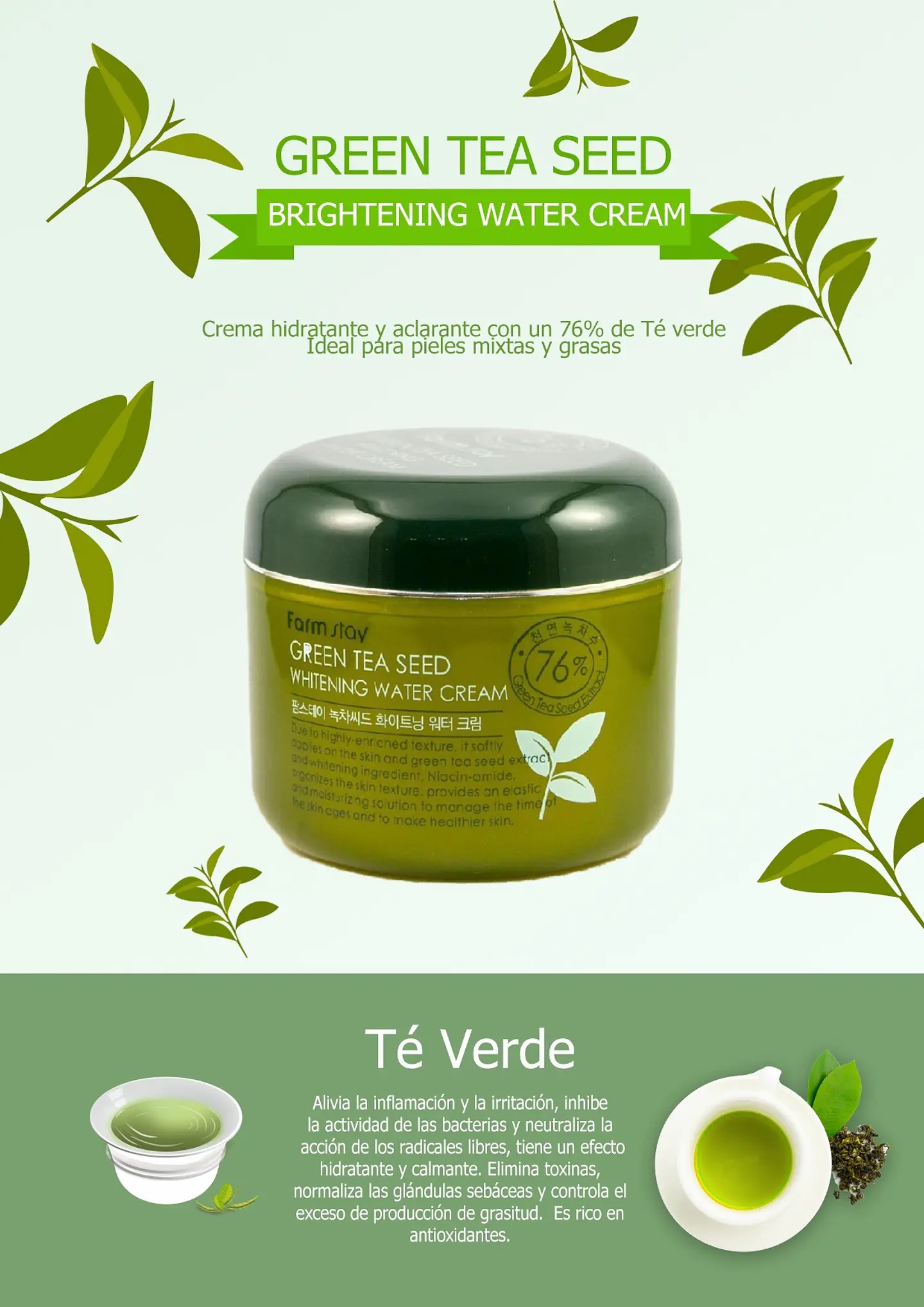 Pack Té Verde Tónico 350ml + Crema 100ml (Farm Stay) Set pieles mixtas con té verde 2