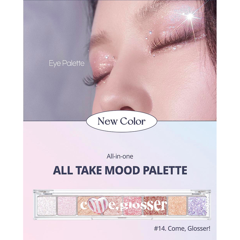 All Take Mood Palette 14 Come, Glosser (Peripera) - Paleta de sombras glitter 1