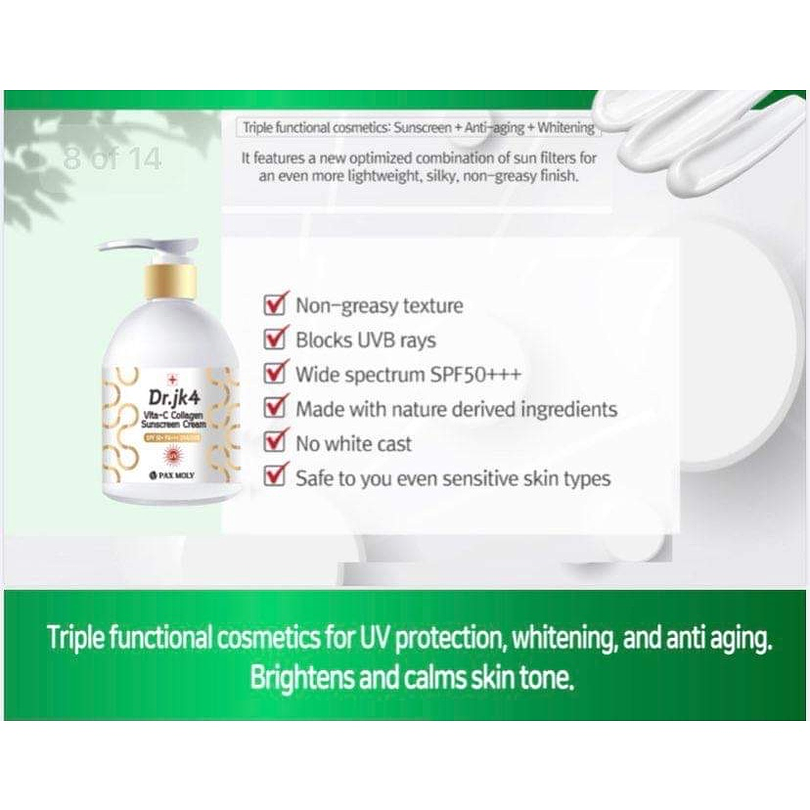 Dr. Jk4 Vita-C Collagen Suscreen Cream SPF50+/+++ (Pax Moly)  200ml Protector solar antiedad y aclarante  3