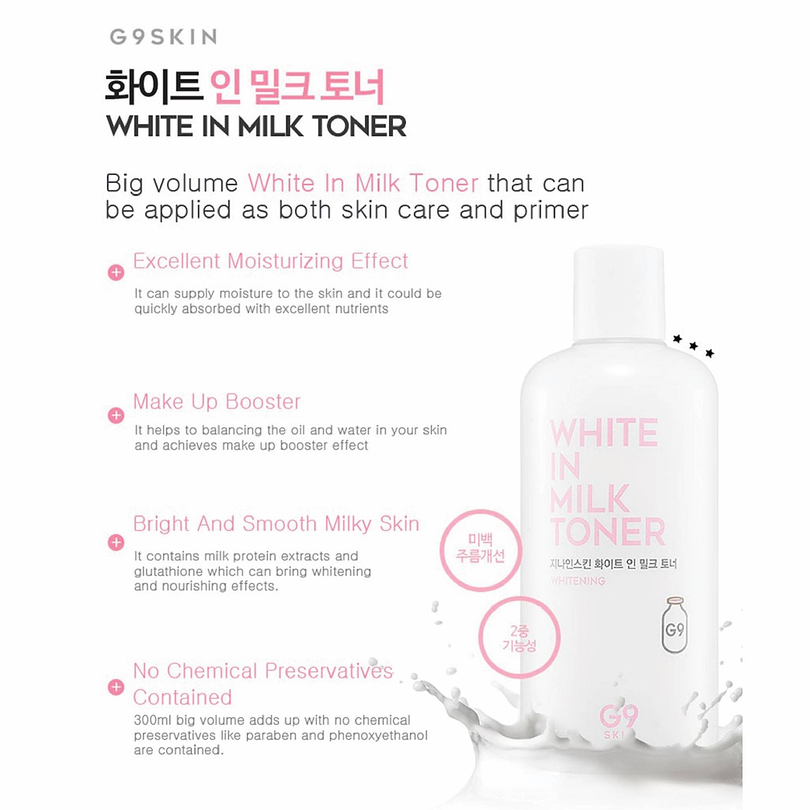 White in Milk Toner 300 ml (G9 Skin) - 300ml Tónico aclarante con proteínas de leche 7