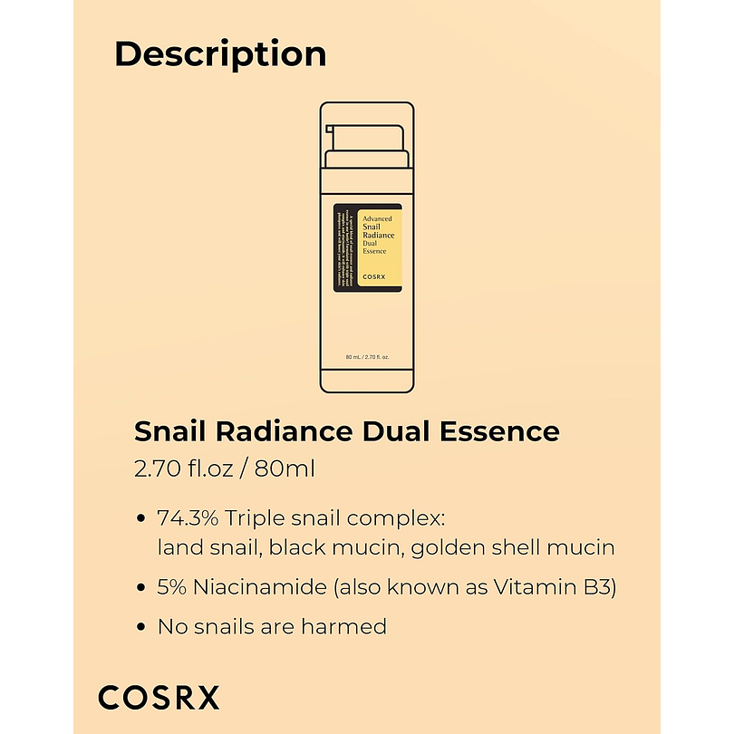 Advanced Snail Radiance Dual Essence (COSRX)  -80ml Esencia aclarante y regeneradora 74% baba de caracol y  5% niacinamida 9