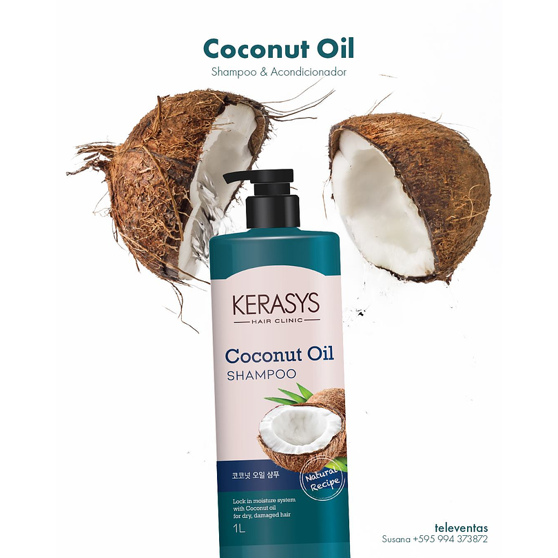 Coconut Oil (Kerasys) - Shampoo o Acondicionador 1 litro c/u con Aceite de Coco Cabello Seco 5