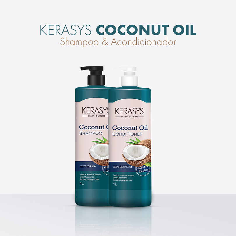 Coconut Oil (Kerasys) - Shampoo o Acondicionador 1 litro c/u con Aceite de Coco Cabello Seco 1