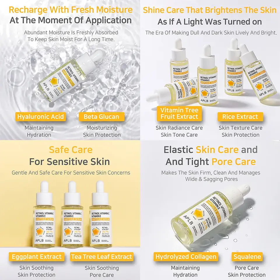 Retinol Vitamin C Vitamin E Ampoule Serum (APLB) - 40ml Serum antiedad multifuncional con Retinol, Vitamina C, Vitamina E y Centella Asiática 5