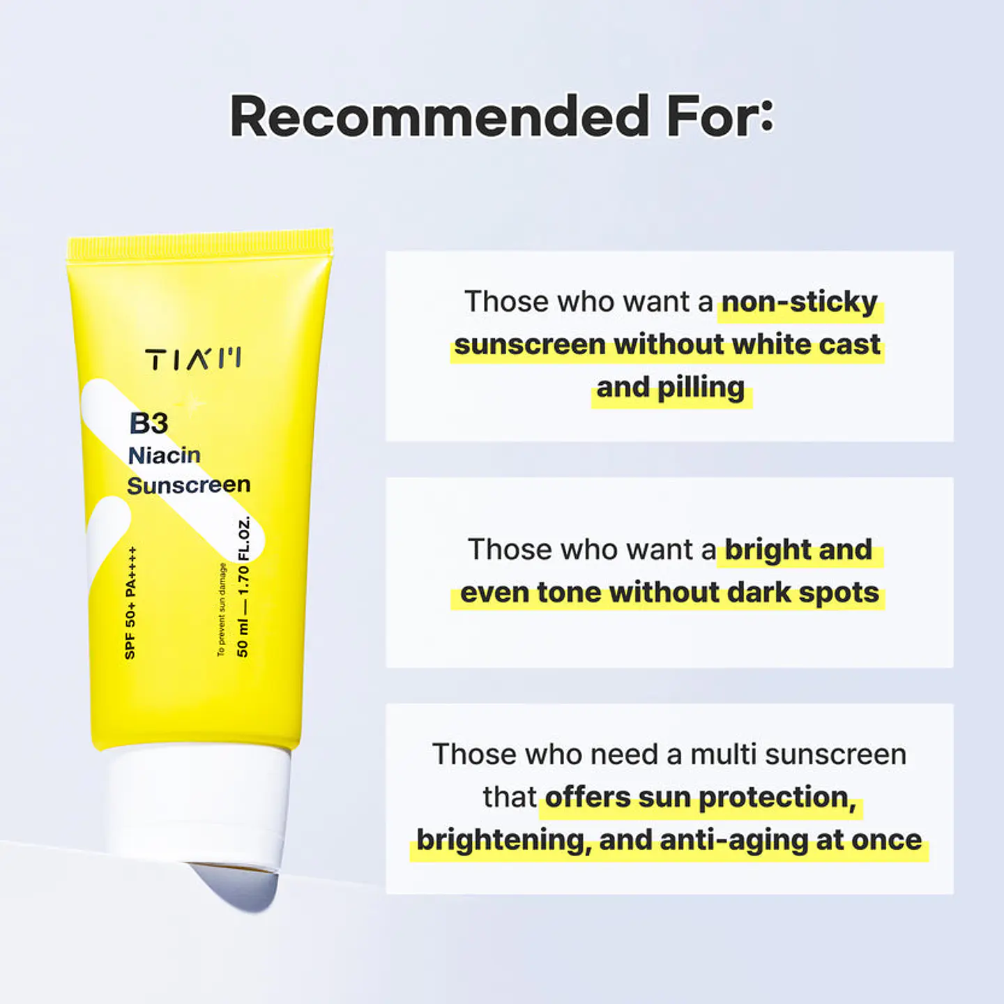 B3 Niacin Sunscreen SPF50+ PA++++ (TIAM) -50ml Protector solar aclarante y antimanchas con niacinamida 5