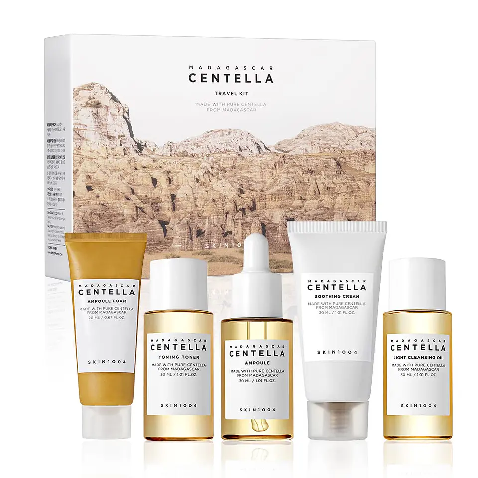 Madagascar Centella Travel Kit (SKIN1004) Set de miniaturas 1 Limpiador oleoso 30ml + 1 Limpiador en espuma 20 ml + 1 Tónico 30ml + 1 Serum 30ml + 1 Crema 30ml 1