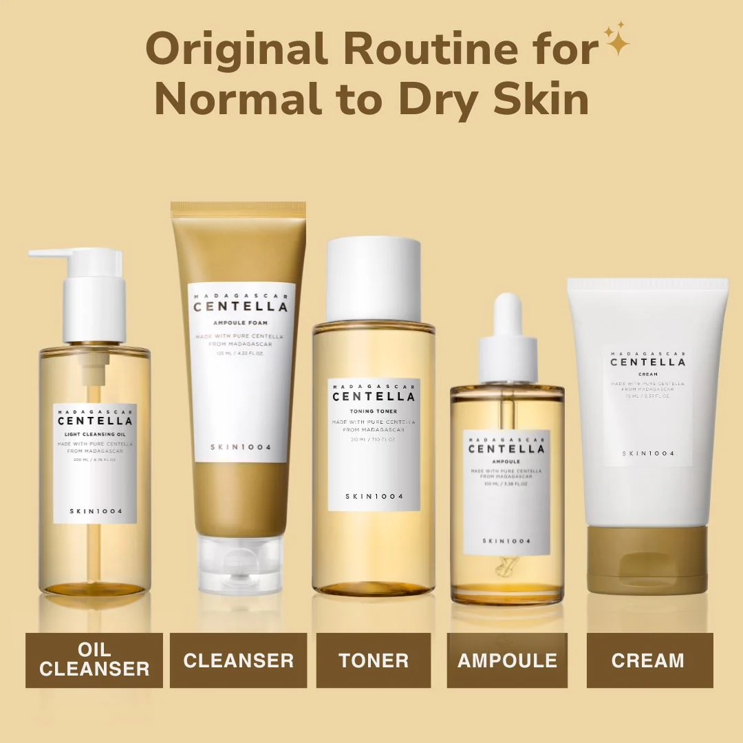 Set Rutina 5 pasos Madagascar Centella (SKIN1004) - Limpiador oleoso + Limpiador en espuma + Tónico + Serum + Crema