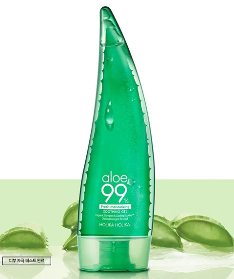 Aloe 99% Soothing Gel (Holika Holika) - 250 ml  Gel reparador y calmante 99% aloe vera para rostro y cuerpo