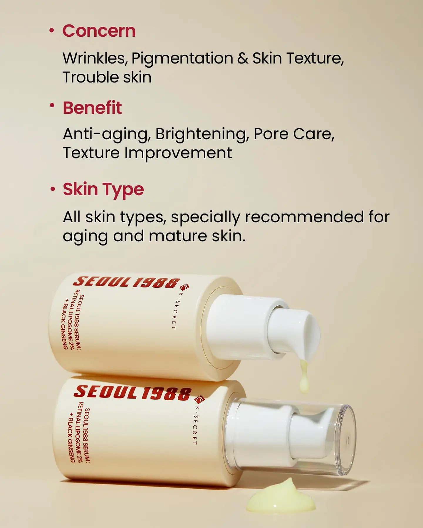 Seoul 1988 Serum: Retinal Liposome 2% + Black Ginseng (K-Secret) - 30ml  Serum antiedad con retinal y ginseng  5