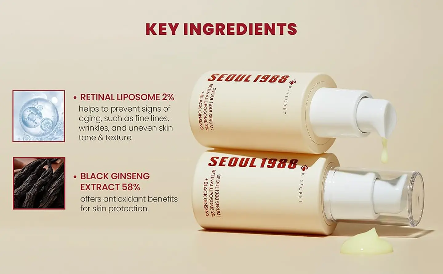 Seoul 1988 Serum: Retinal Liposome 2% + Black Ginseng (K-Secret) - 30ml  Serum antiedad con retinal y ginseng  8