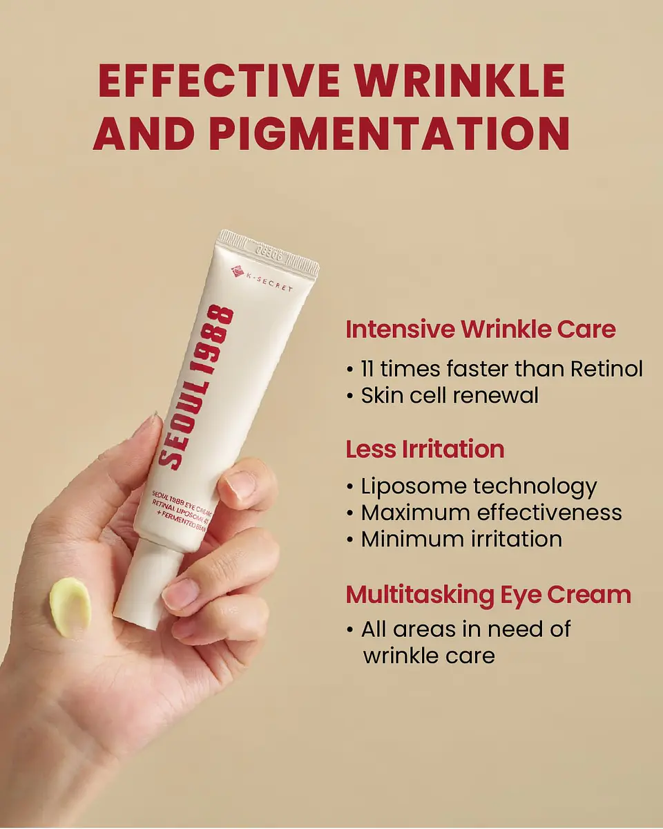 Seoul 1988 Eye Cream: Retinal Liposome 4% + Fermented Bean (K-Secret) -30ml Crema contorno de ojos antiedad con retinal, bakuchiol y péptidos 5
