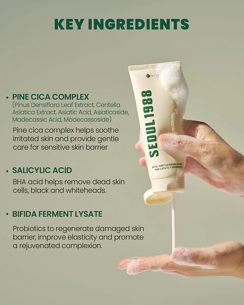 Seoul 1988 Cleansing Foam: Pine Cica 1% + Probiotics (K-Secret) - Limpiador en espuma  pieles mixtas grasas