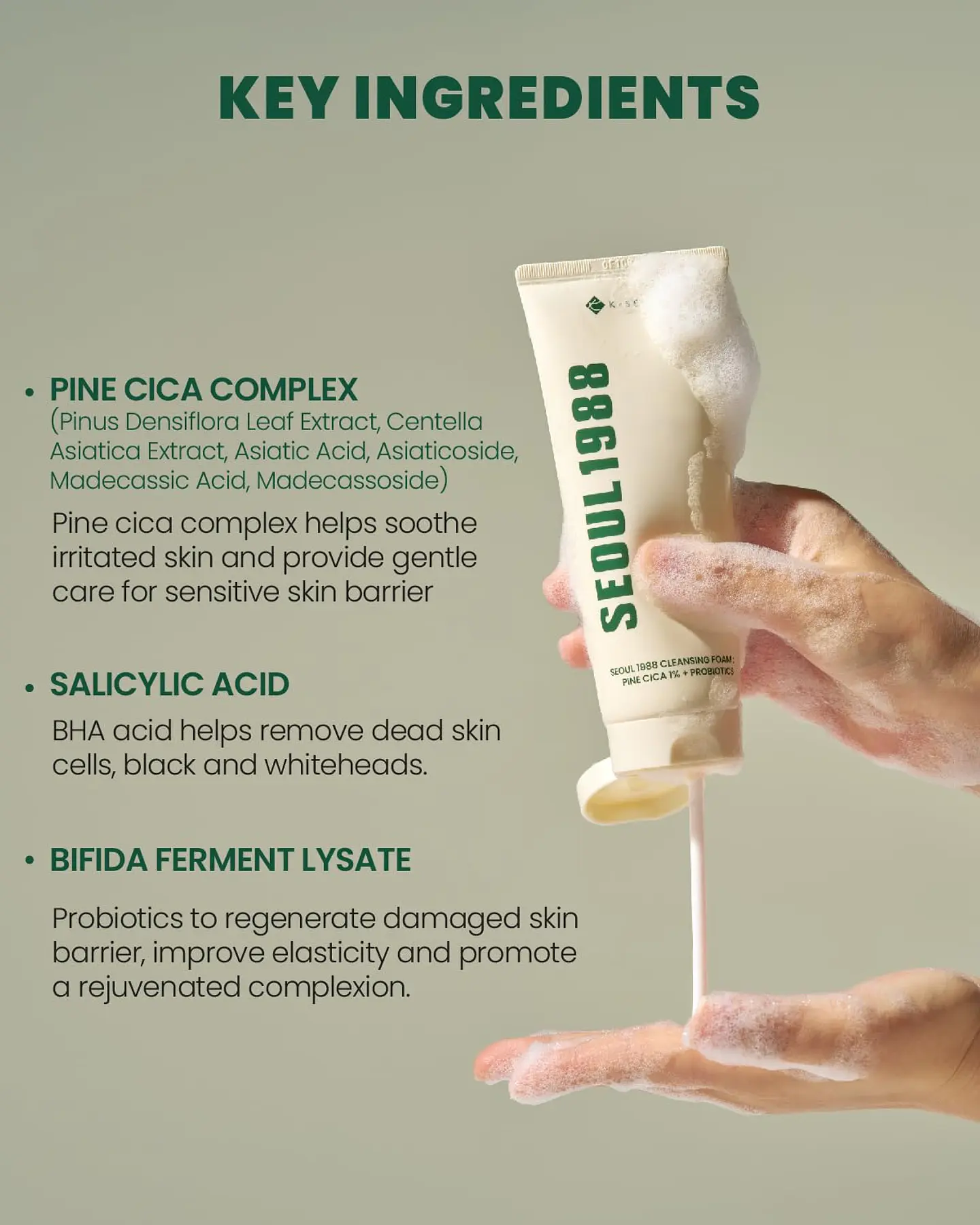 Seoul 1988 Cleansing Foam: Pine Cica 1% + Probiotics (K-Secret) - Limpiador en espuma  pieles mixtas grasas 2