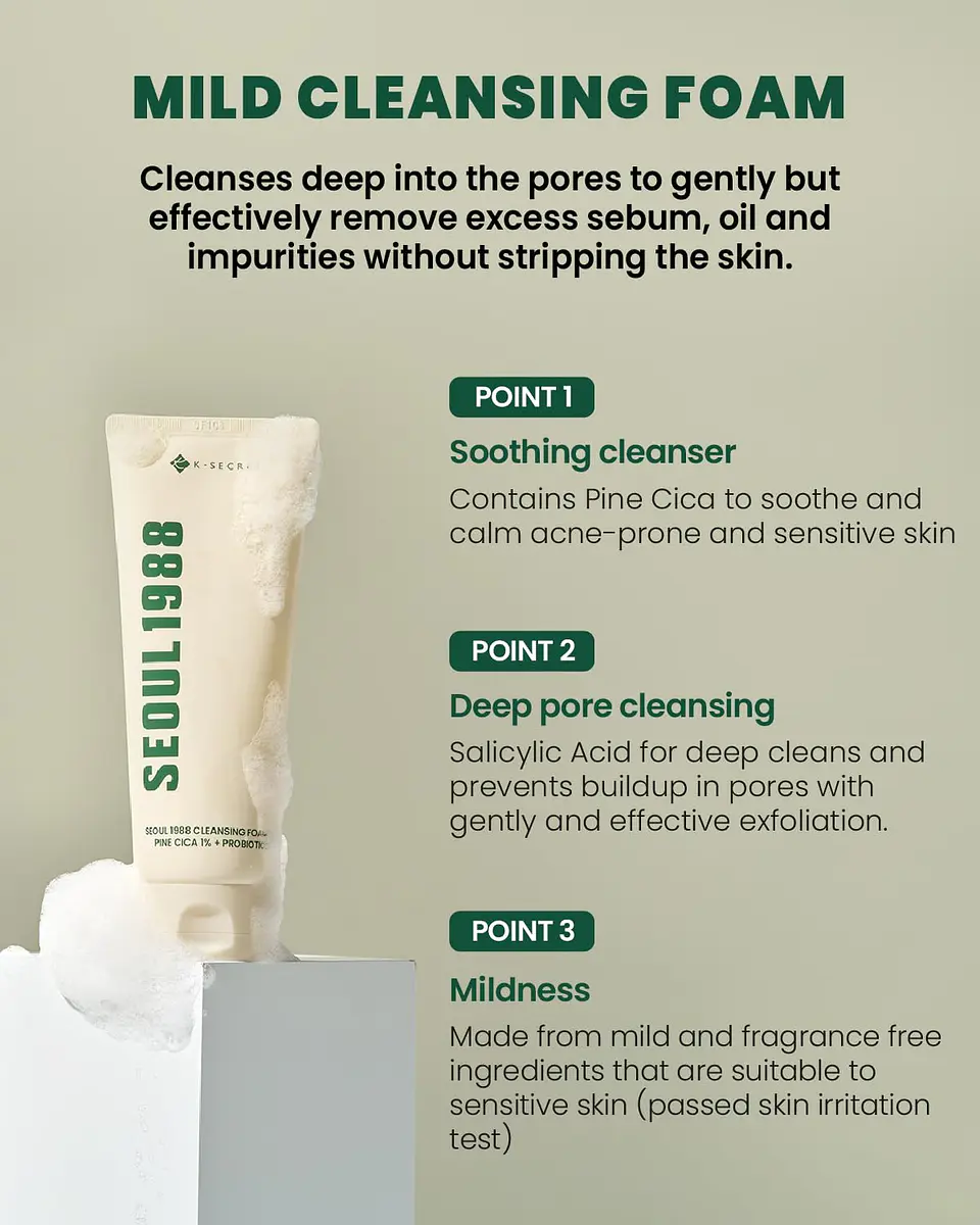 Seoul 1988 Cleansing Foam: Pine Cica 1% + Probiotics (K-Secret) - Limpiador en espuma  pieles mixtas grasas 4