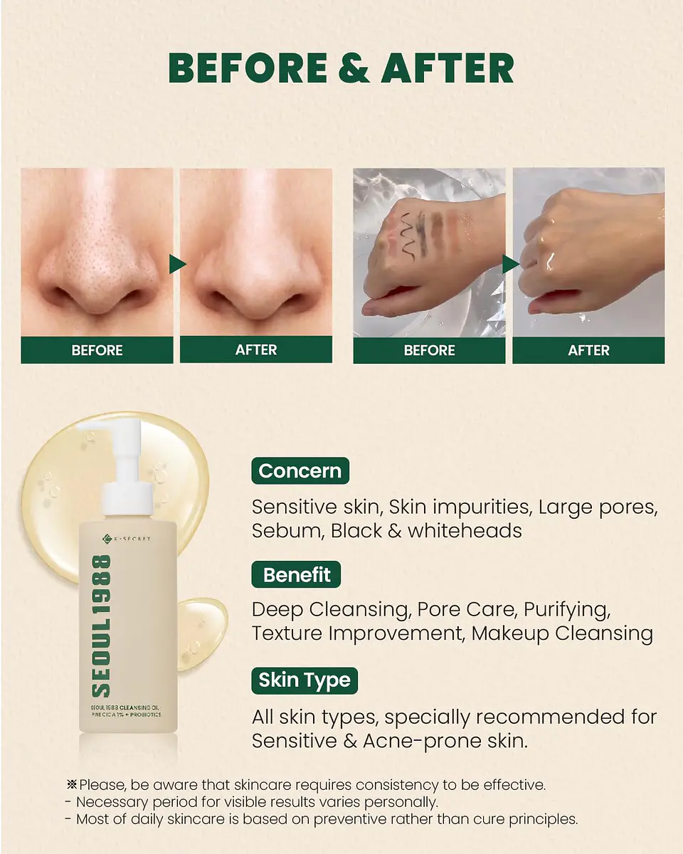 Seoul 1988 Cleansing Oil: Pine Cica 1% + Probiotics (K-Secret) - 200ml Limpiador oleoso pieles mixtas y grasas 4