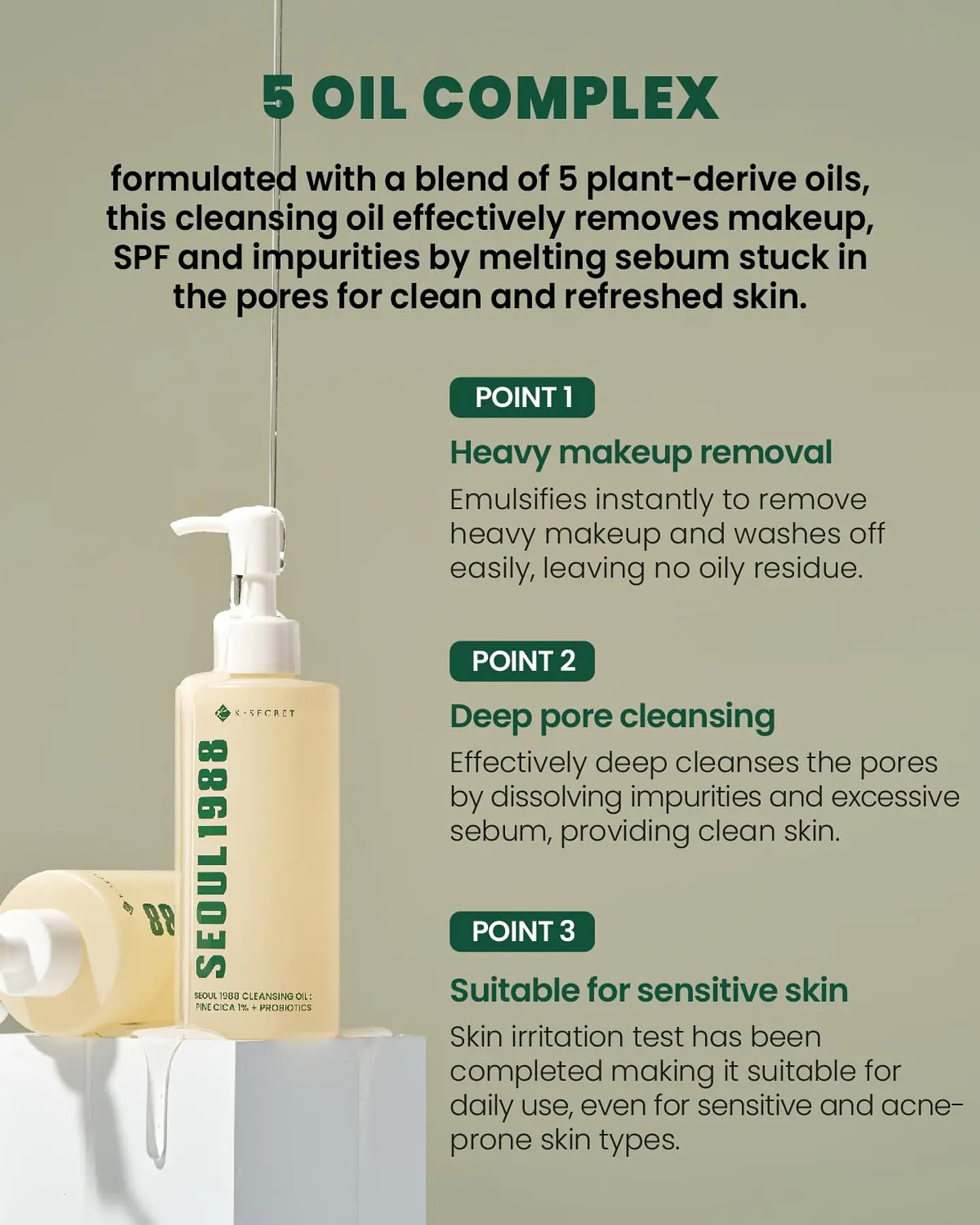 Seoul 1988 Cleansing Oil: Pine Cica 1% + Probiotics (K-Secret) - 200ml Limpiador oleoso pieles mixtas y grasas 5